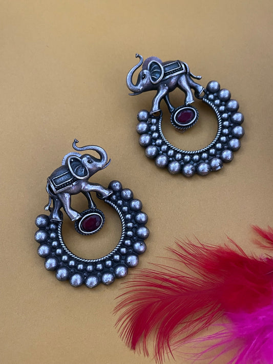 German Oxidized Silver Chand Bali Earrings With Elephant stud Animal Design