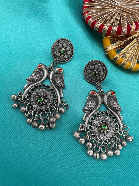 German Oxidized Silver Long Earrings Peacock Design With Green/Red Stones and Silver Bells