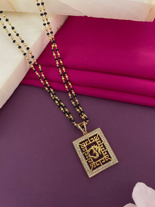 Modern Long Mangalsutra Designs American Diamond Om Pendant Simple Gold And Black Beads Chain