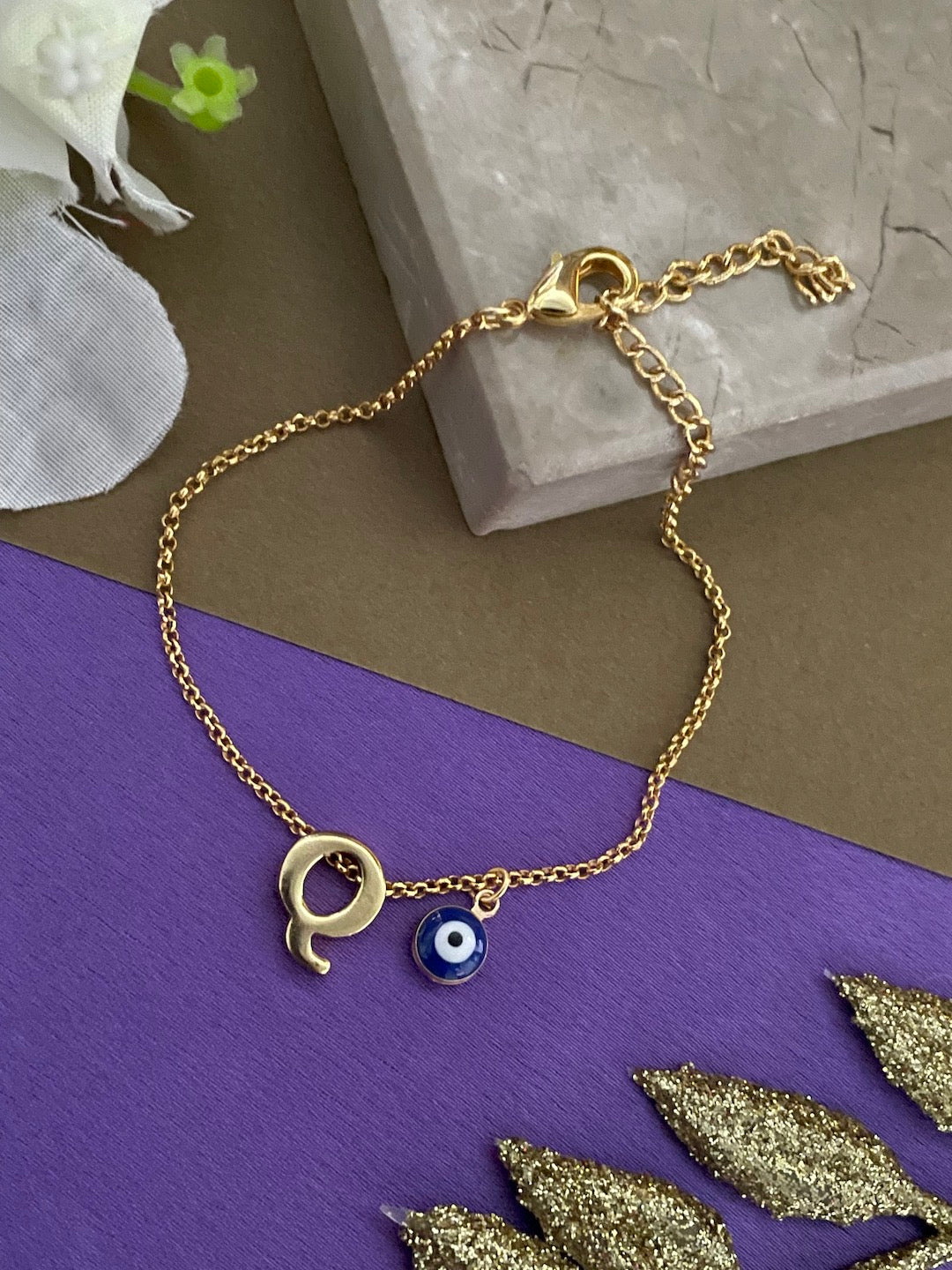 A-Z Letter With Evil Eye Gold Plated Adjustable Bracelet