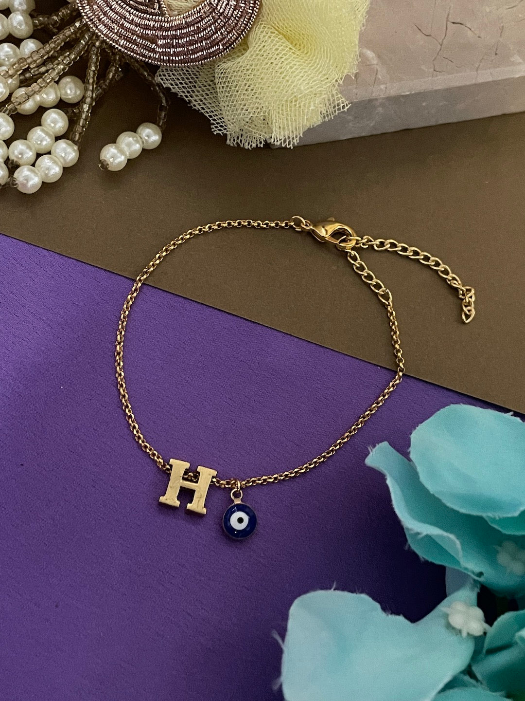 A-Z Letter With Evil Eye Gold Plated Adjustable Bracelet