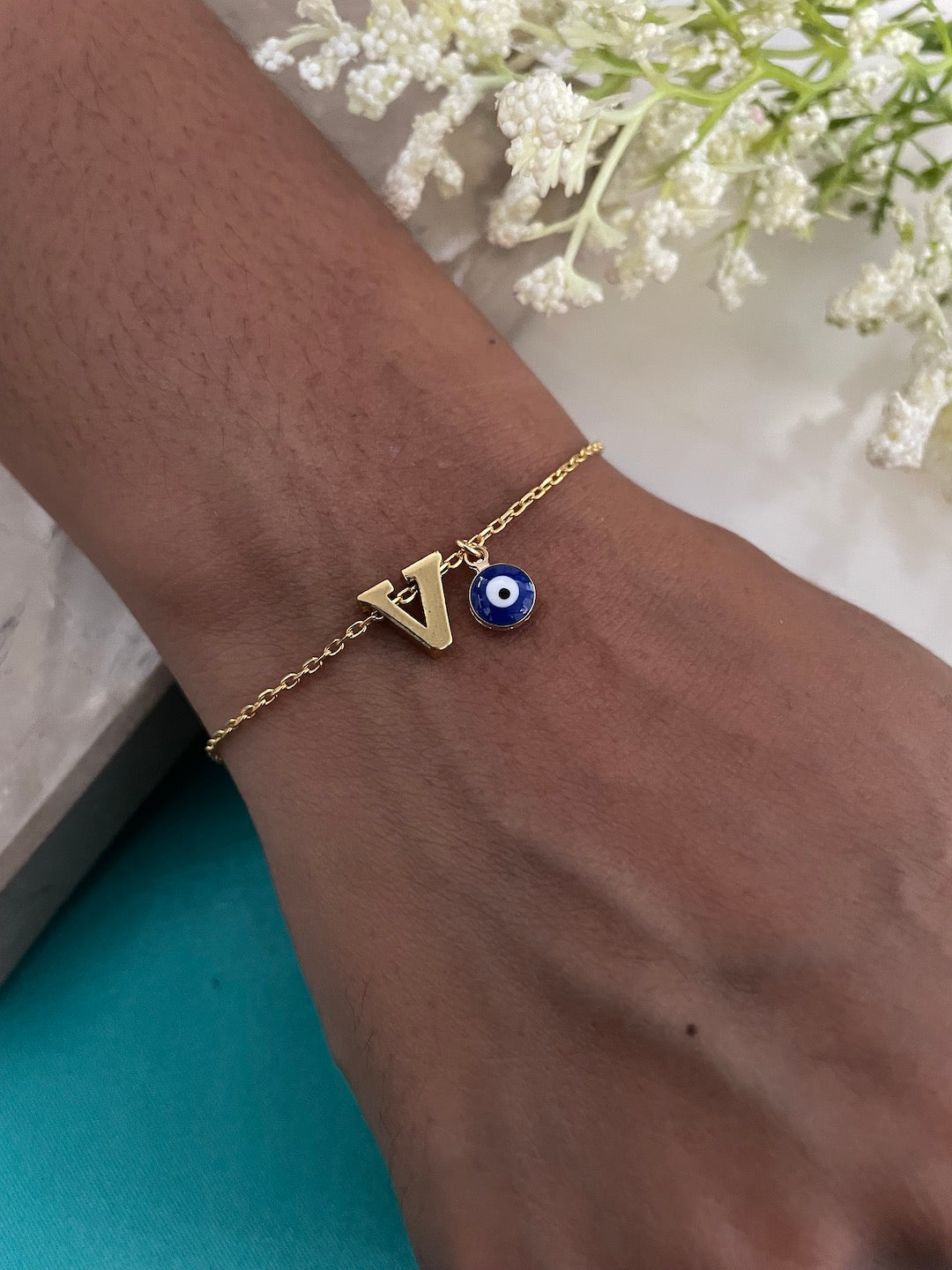 A-Z Letter With Evil Eye Gold Plated Adjustable Bracelet