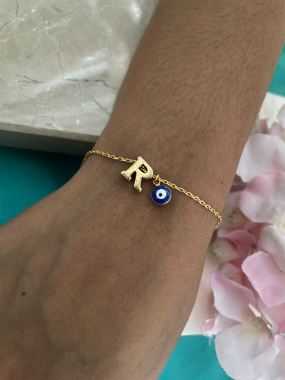 A-Z Letter With Evil Eye Gold Plated Adjustable Bracelet