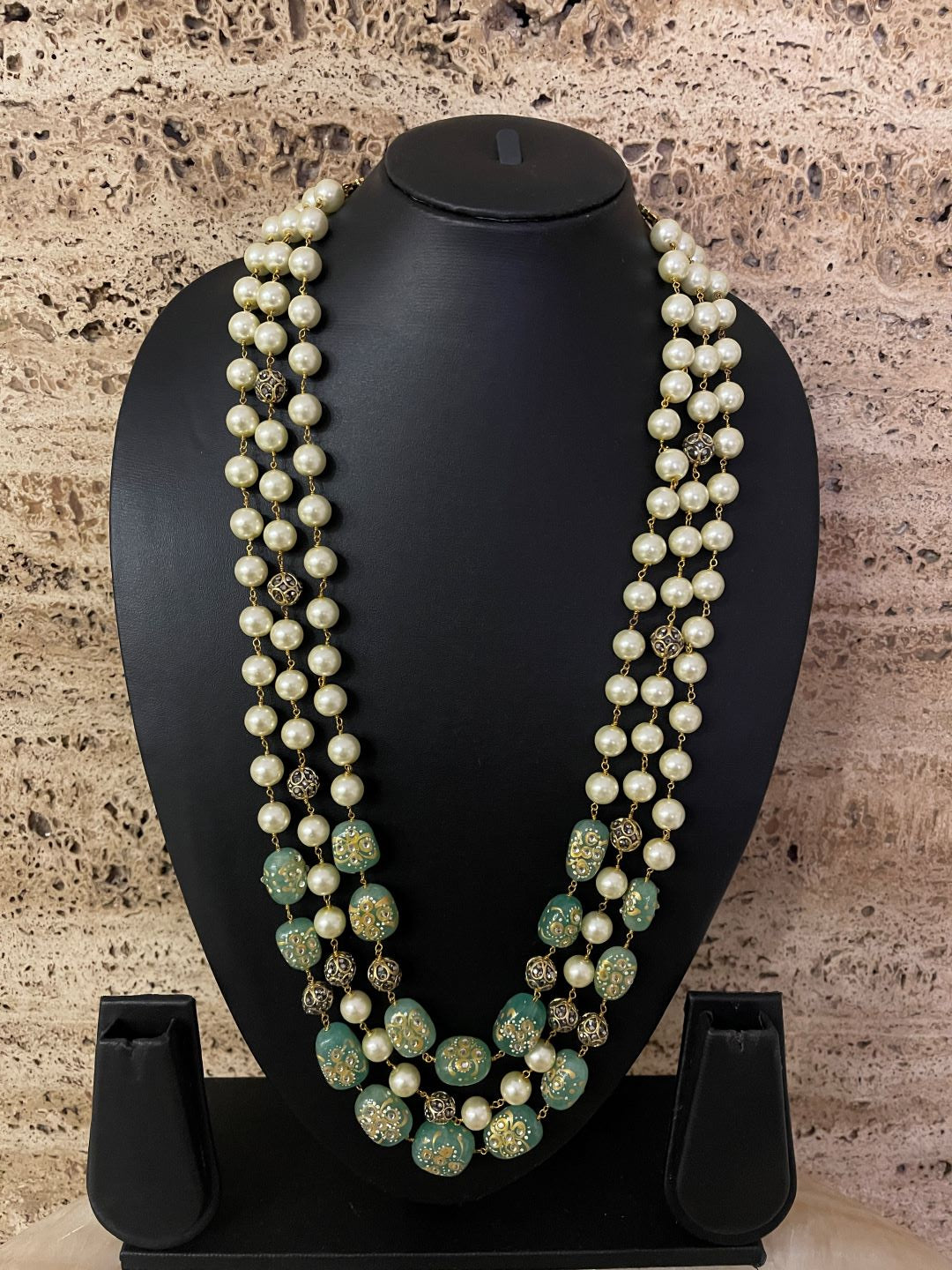 3 Line Handpainted & Kundan Light Blue stones and Pearls Necklace