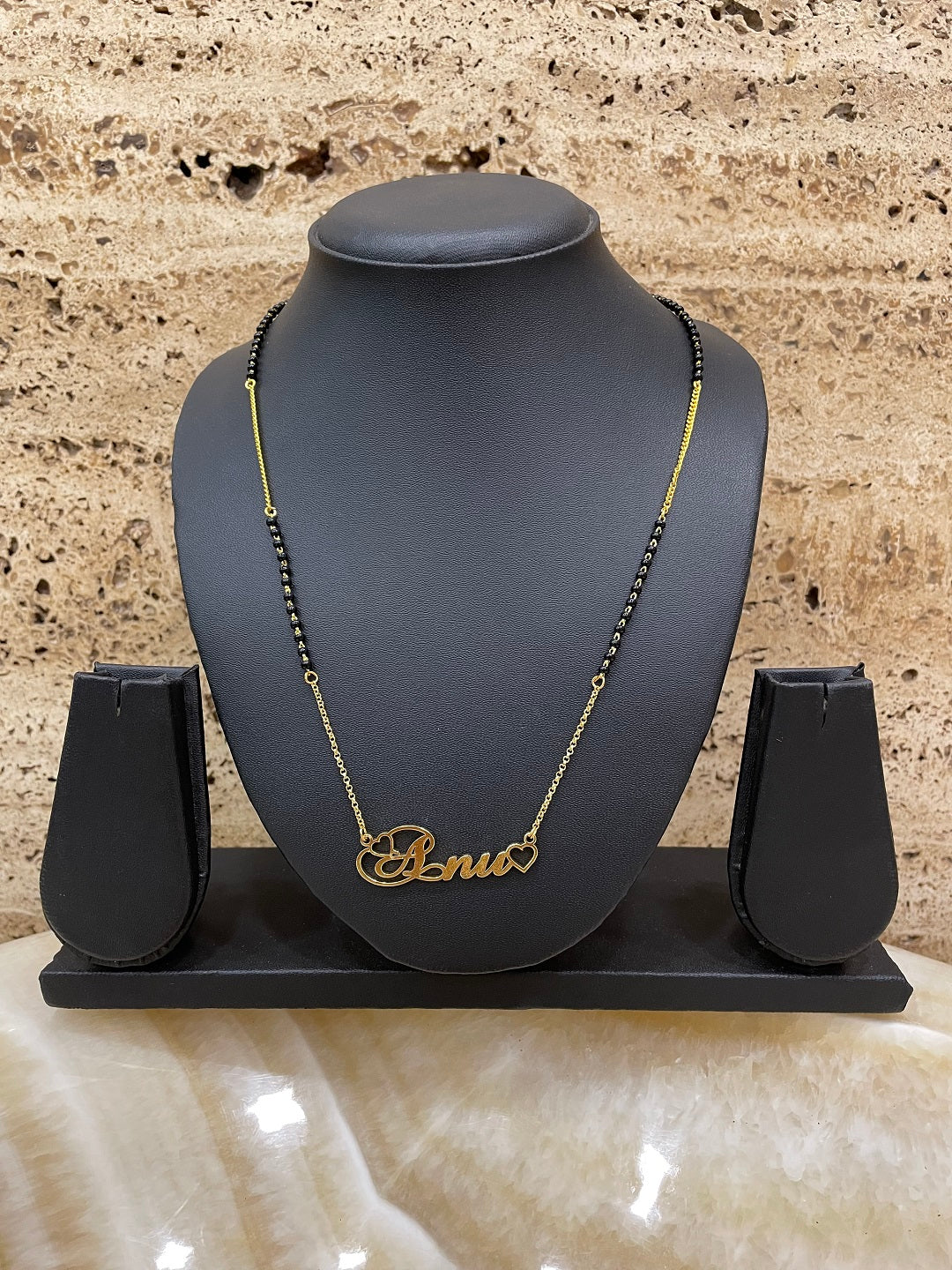 Cursive Personalized Name Short Mangalsutra Necklace Mini Heart & Black Beaded Chain