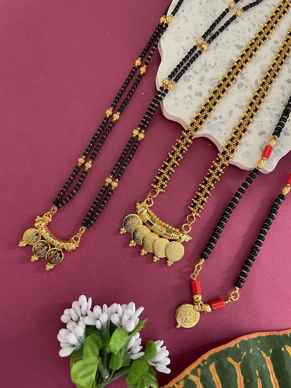 Combo Offer (Set of 3) Gold-Plated Black Beads Long Mangalsutra Lakshmi (Laxmi) Coin Pendant Necklace