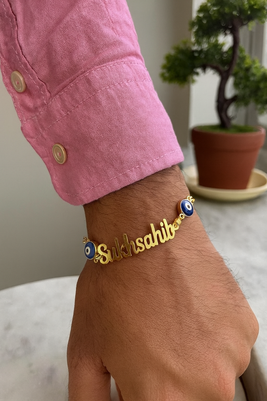 Personalized Name Bracelet in Gold Plated Chain with Evil Eye