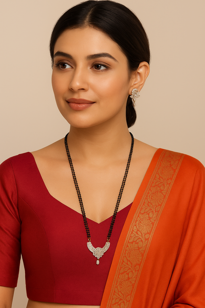 American Diamond Long Fancy Mangalsutra & Earrings
