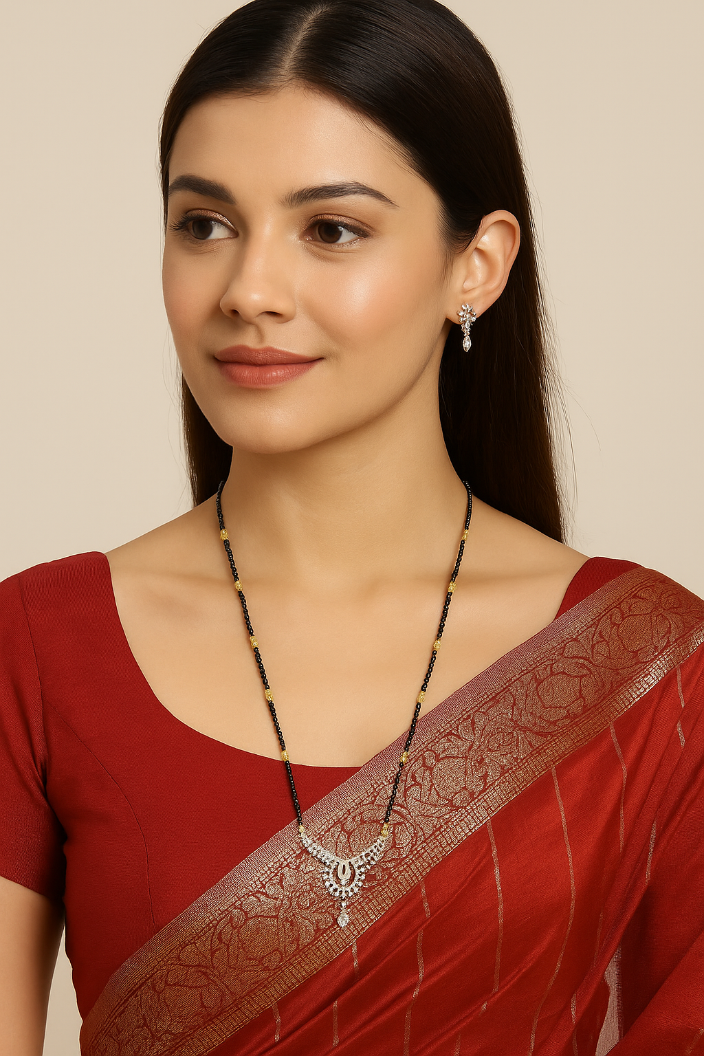 Gold Long Artificial American Diamond Mangalsutra Set Simple Modern Gold And Black Beads Chain