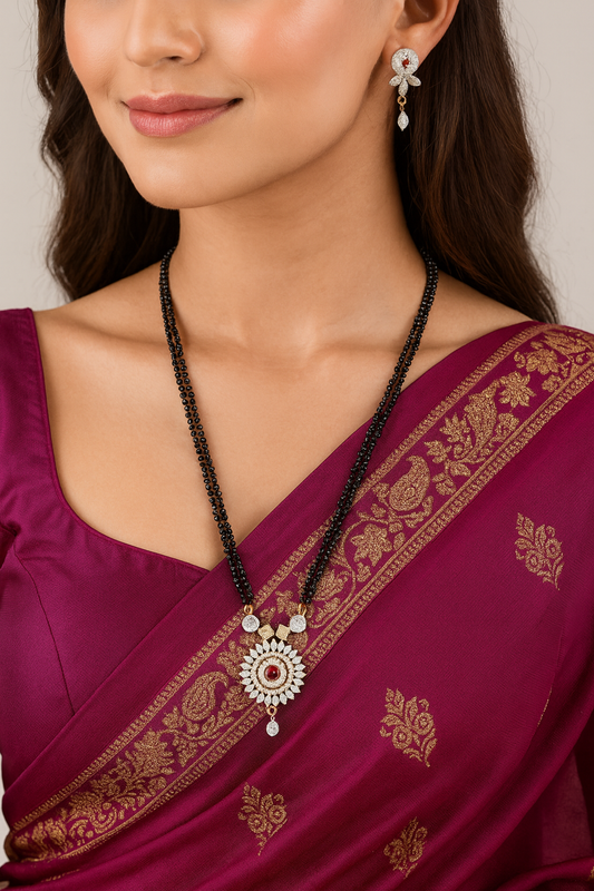 Long Mangalsutra Designs Gold Plated Latest American Diamond Floral Pendant 24 Inches Mangalsutra & Earrings