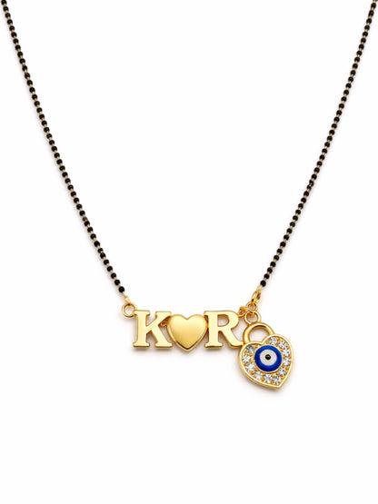 Custom 2 Initial Letter Short Mangalsutra Necklace With Heart & Blue American Diamond Evil Eye