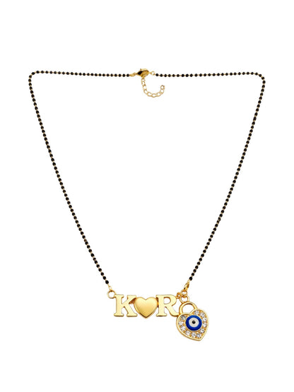 Custom 2 Initial Letter Short Mangalsutra Necklace With Heart & Blue American Diamond Evil Eye