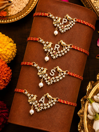 Letter Name Rakhi Designs Alphabet AD Gold Plated with Pearl Customized Pendant Raksha Bandhan