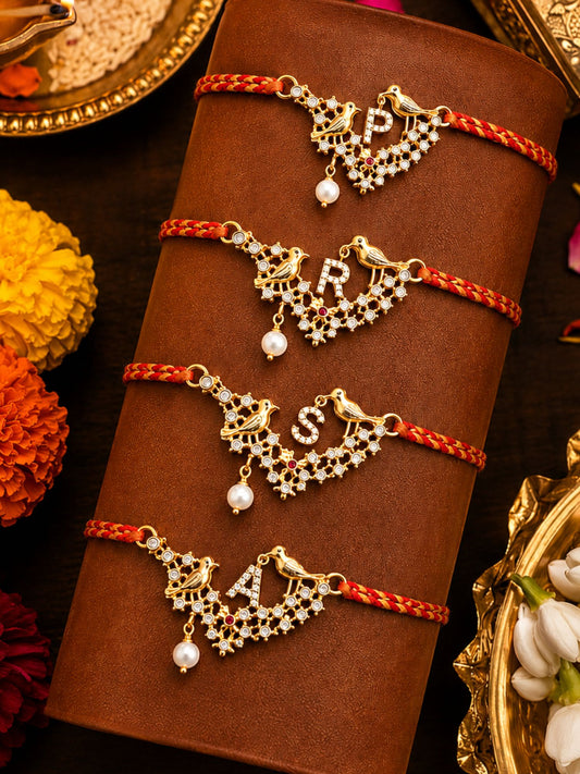 Letter Name Rakhi Designs Alphabet AD Gold Plated with Pearl Customized Pendant Raksha Bandhan