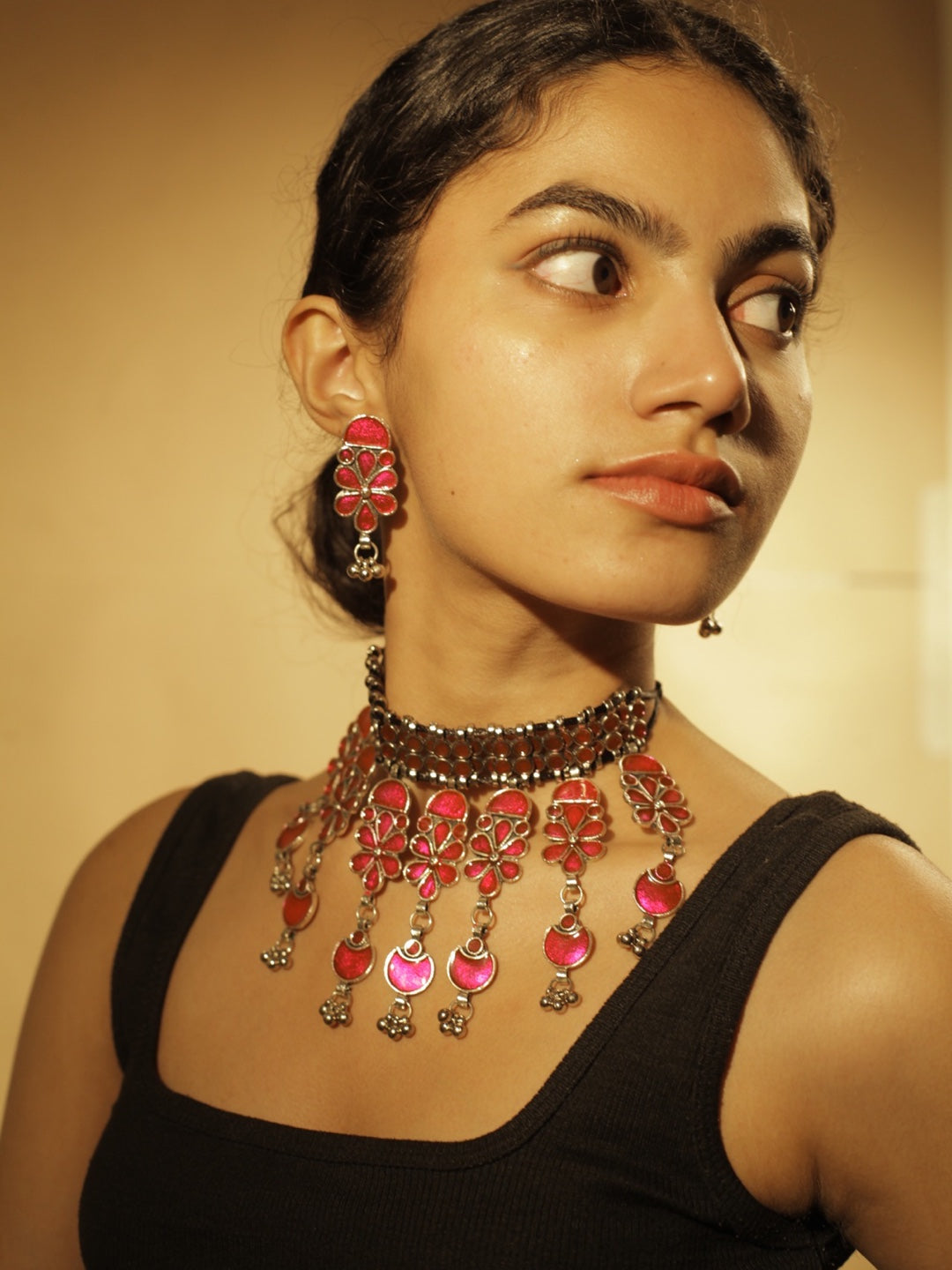 Oxidized Pink Choker Necklace & Earring Set