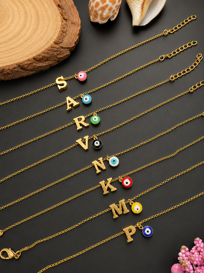 A-Z Letter With Evil Eye Gold Plated Adjustable Bracelet