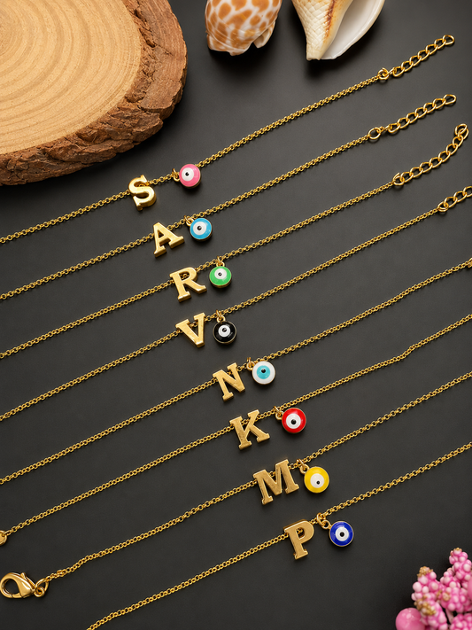 A-Z Letter With Evil Eye Gold Plated Adjustable Bracelet