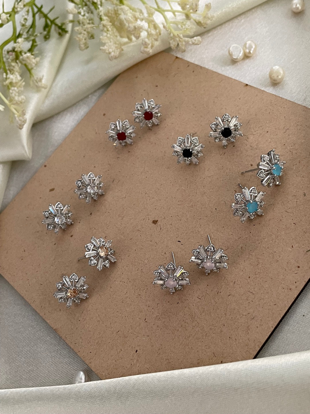 Aqua Blue Color Flower Stud CZ Earrings