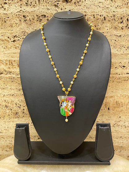 Hand-Painted Radha Krishna Pendant Necklace with Gold Beads & White Pearls