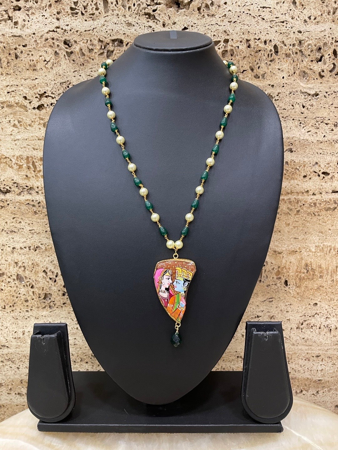 Unique Hand-Painted Radha Krishna Pendant Necklace with Green Beads & White Pearls