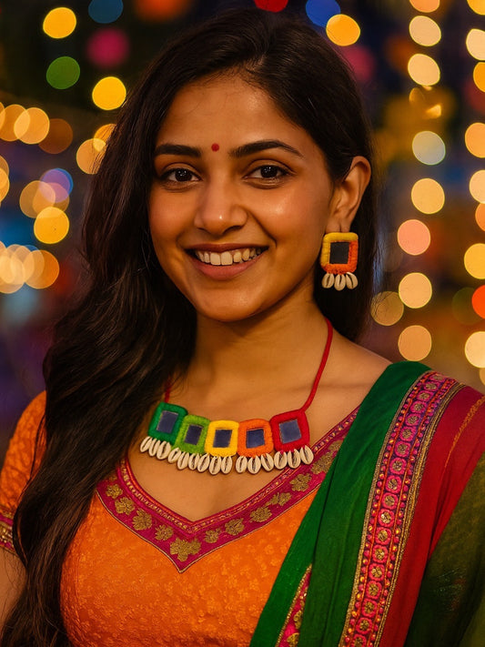 Multi-color Embroidery Mirror Work Banjara Choker Necklace & Earring Set With Sea Shells