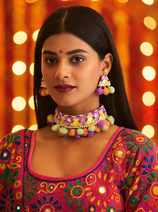 Pastel Multi color Embroidered Choker Necklace & Earring Set