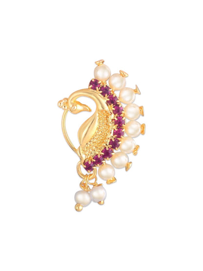 Gold Plated Maharashtrian Nath Peacock Design Nose Pin Red Colour with Pearls