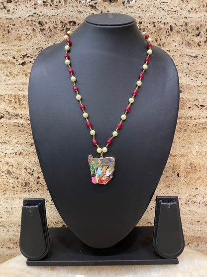 Beautiful Hand-Painted Radha Krishna Pendant Necklace with Red Beads & White Pearls