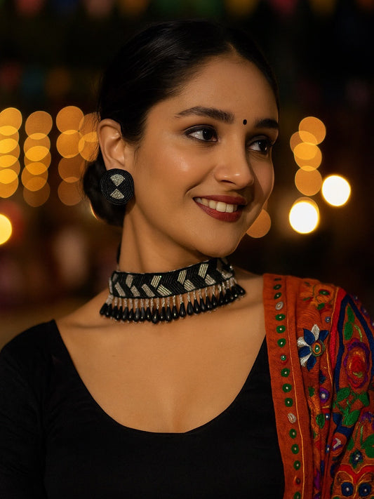 Black Beaded Choker Necklace & Earring Set