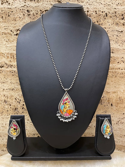 Hand-Painted Radha Krishna Necklace Set with Pearls