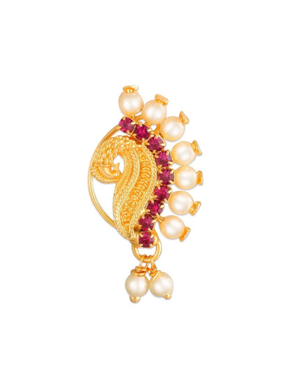 Gold Plated Maharashtrian Nath Peacock Design Nose Pin Red Colour with Pearls