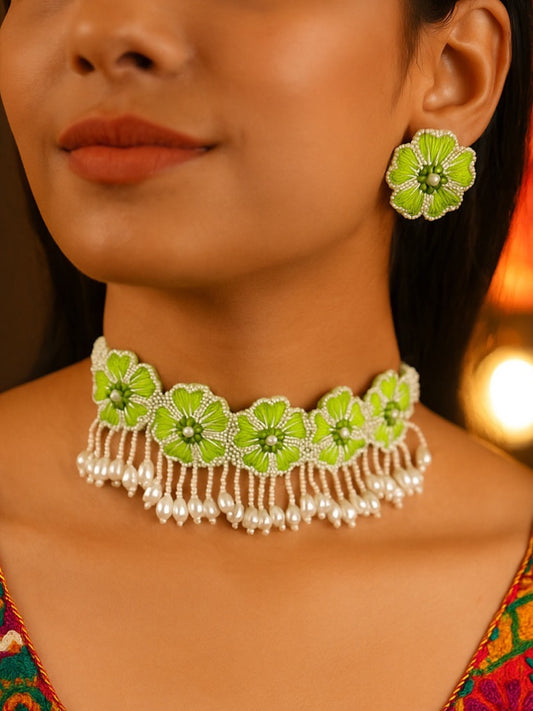 Green Flower & Pearl Beaded Choker Set