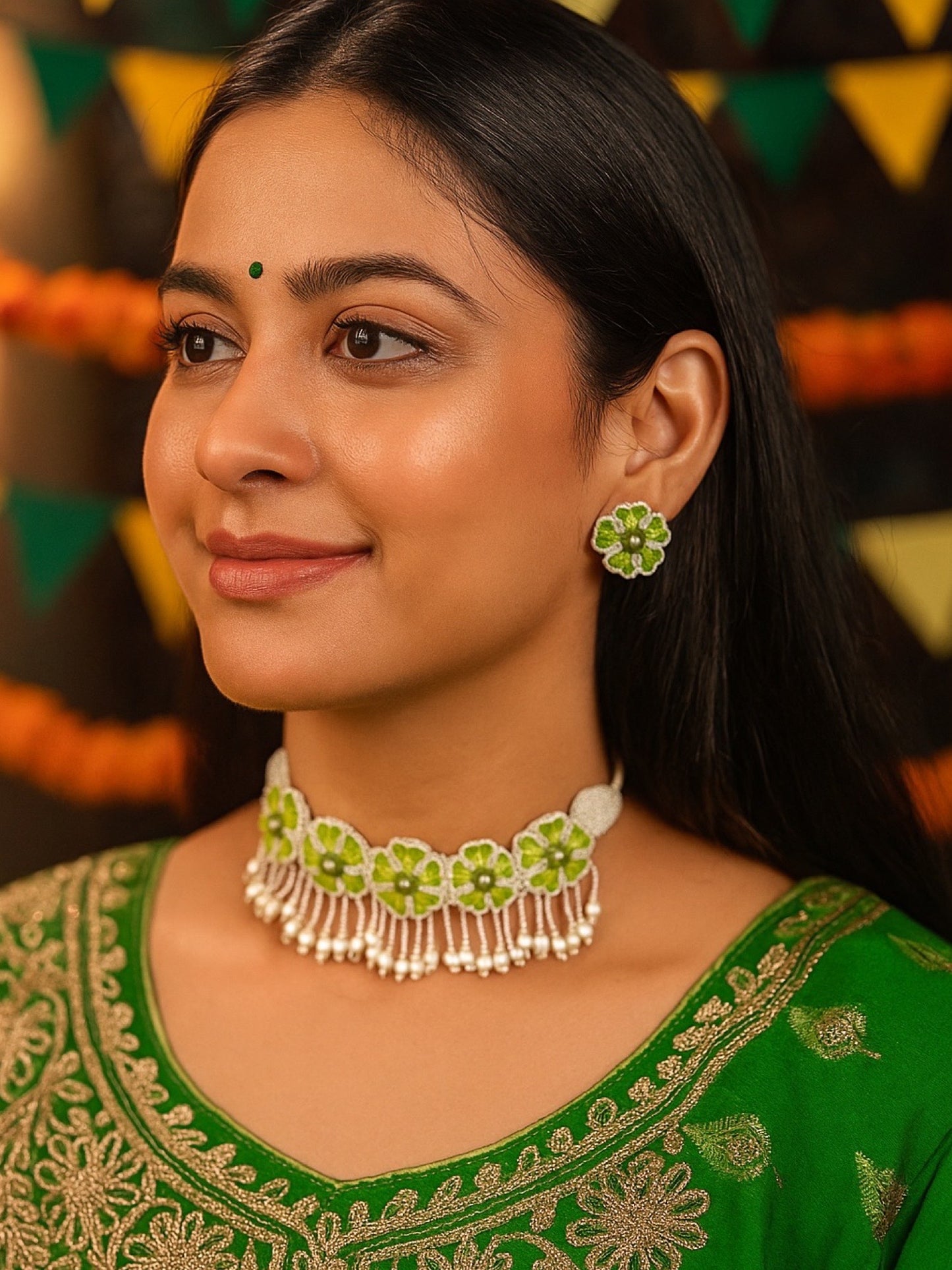 Green Flower & Pearl Beaded Choker Set
