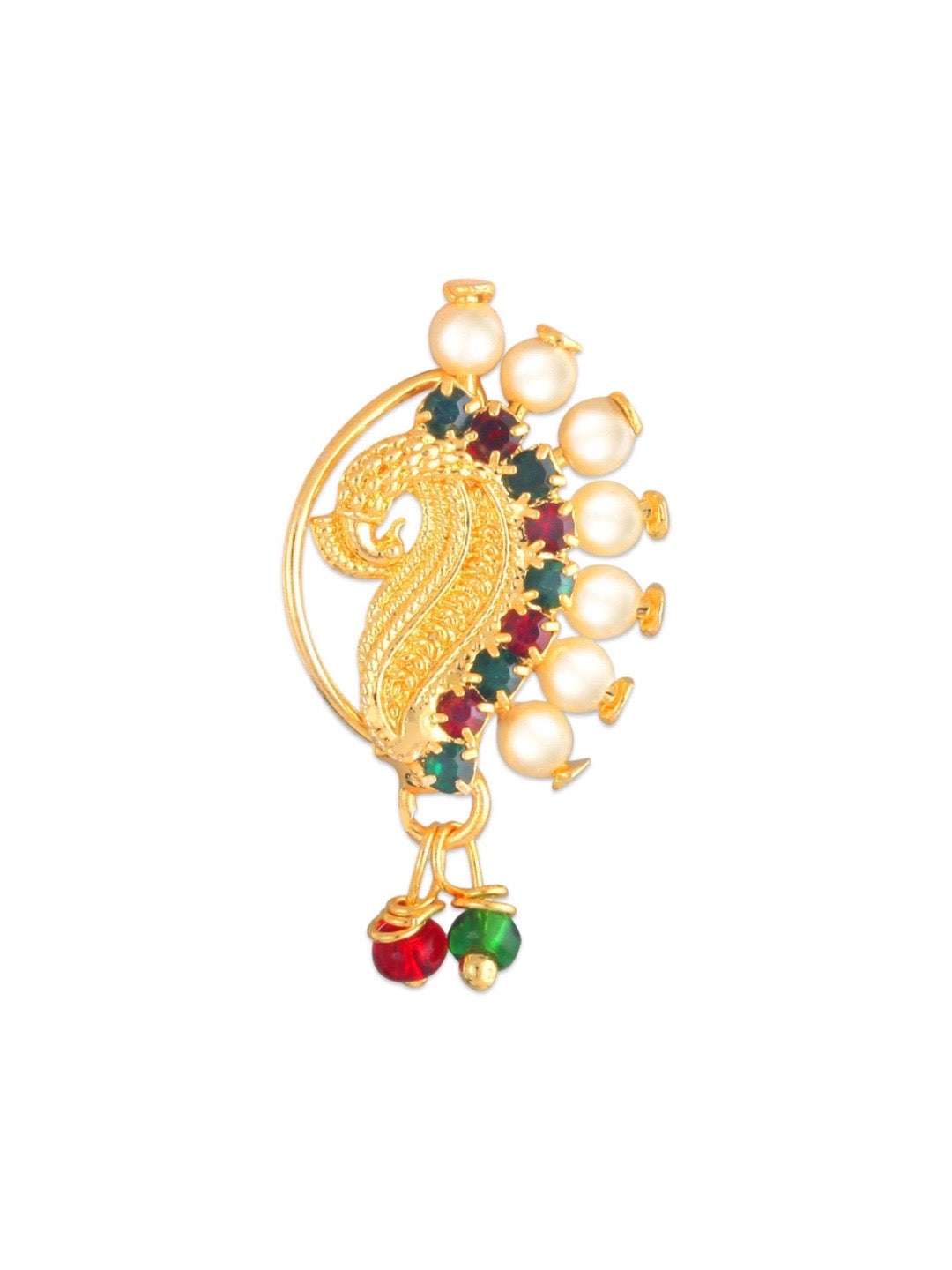 Gold Plated Maharashtrian Nath Peacock Design Nose Pin Red & Green Colour with Pearls