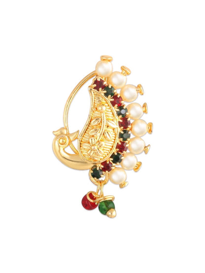 Gold Plated Maharashtrian Nath Peacock Design Nose Pin Red Green Stone Studded