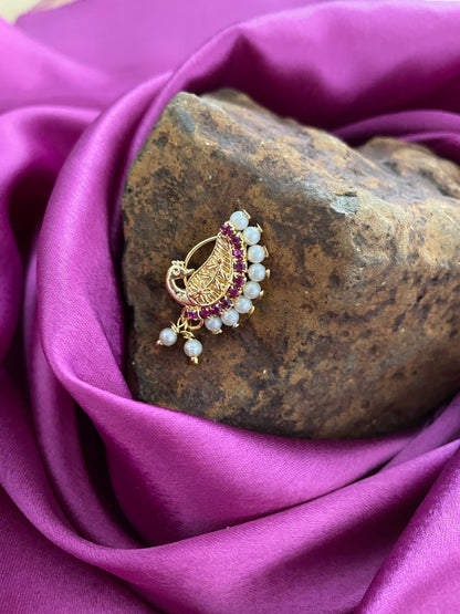 Gold Plated Maharashtrian Nath Peacock Design Nose Pin Red Colour with Pearls
