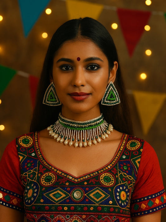 Green & White Beaded Choker Necklace & Earring Set