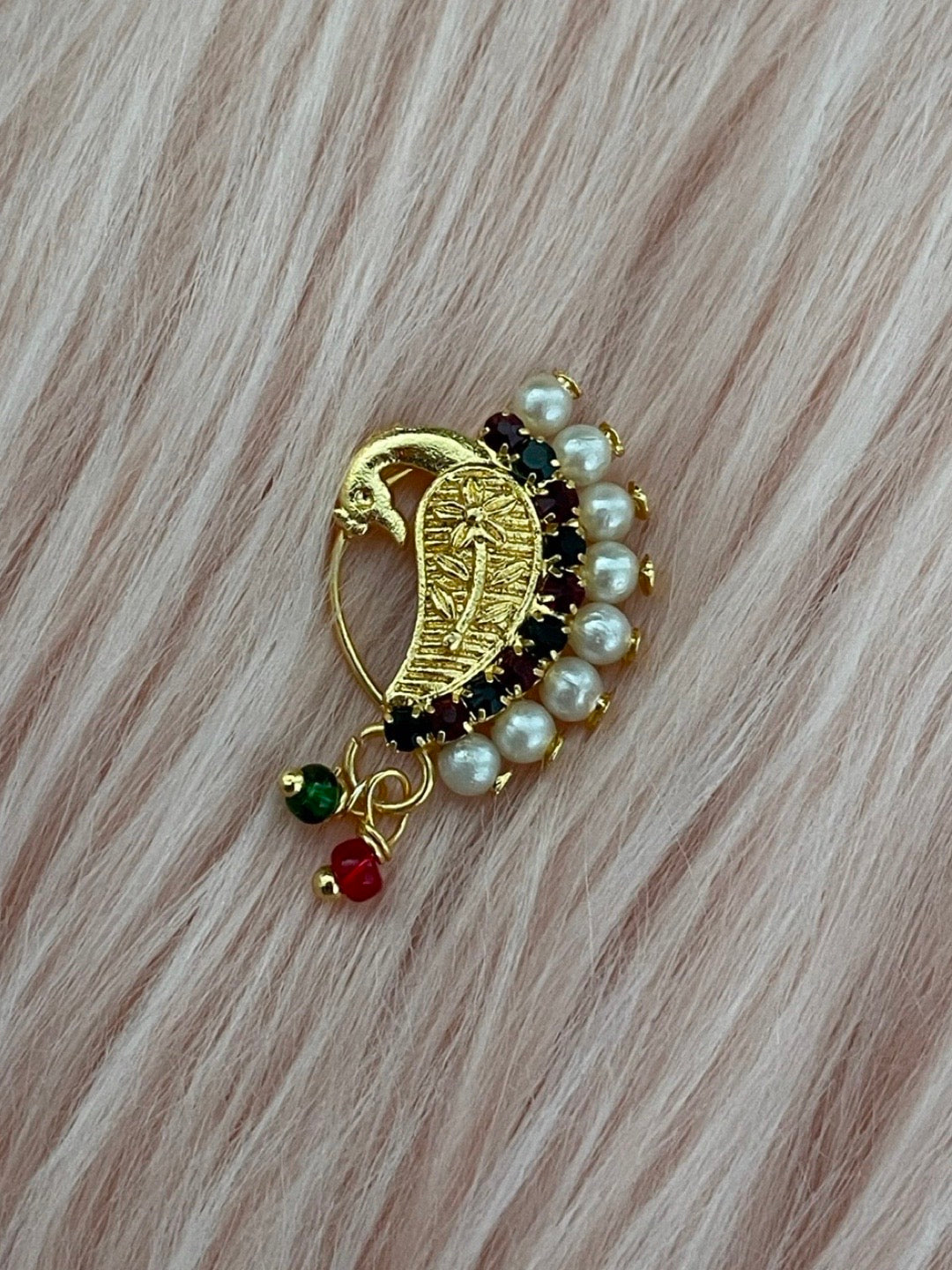 Gold Plated Maharashtrian Nath Peacock Design Nose Pin Red Green Stone Studded