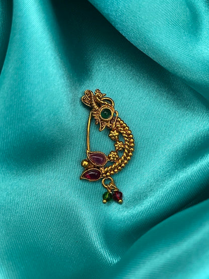 Gold Plated Maharashtrian Nath Peacock & Floral Design Nose Pin Red & Green Colour with Pearls