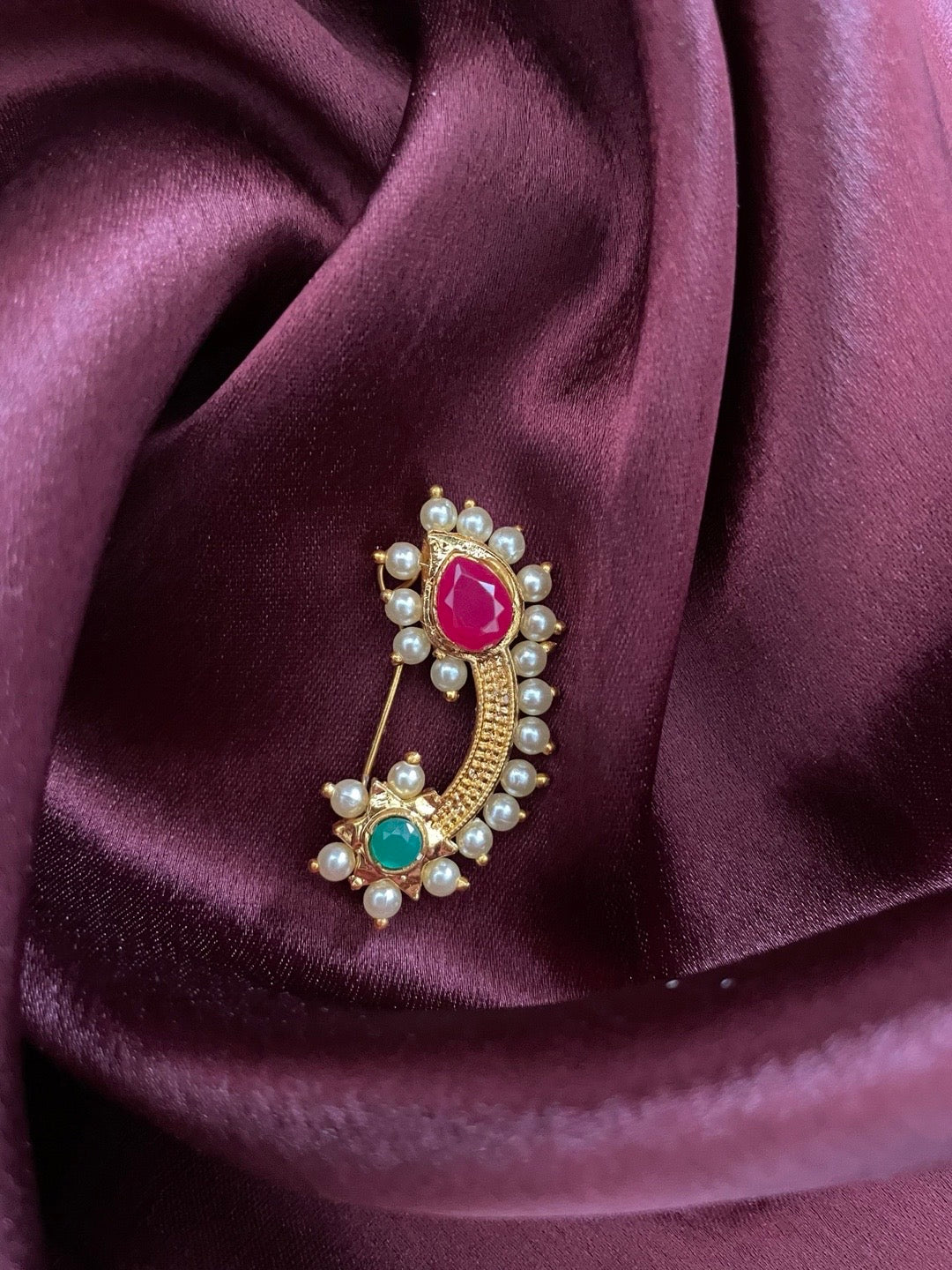 Gold Plated Maharashtrian Nath Nose Pin Red & Green Colour with Pearls