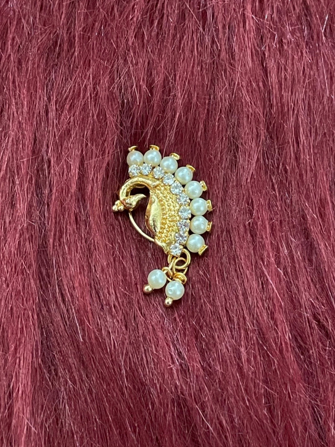 Maharashtrian Nath Gold Plated Peacock Design Nose Pin with Pearls