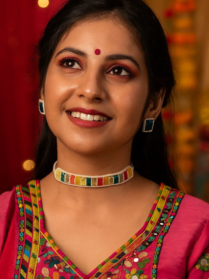 Multi Color Beaded Choker Necklace & Earring Set