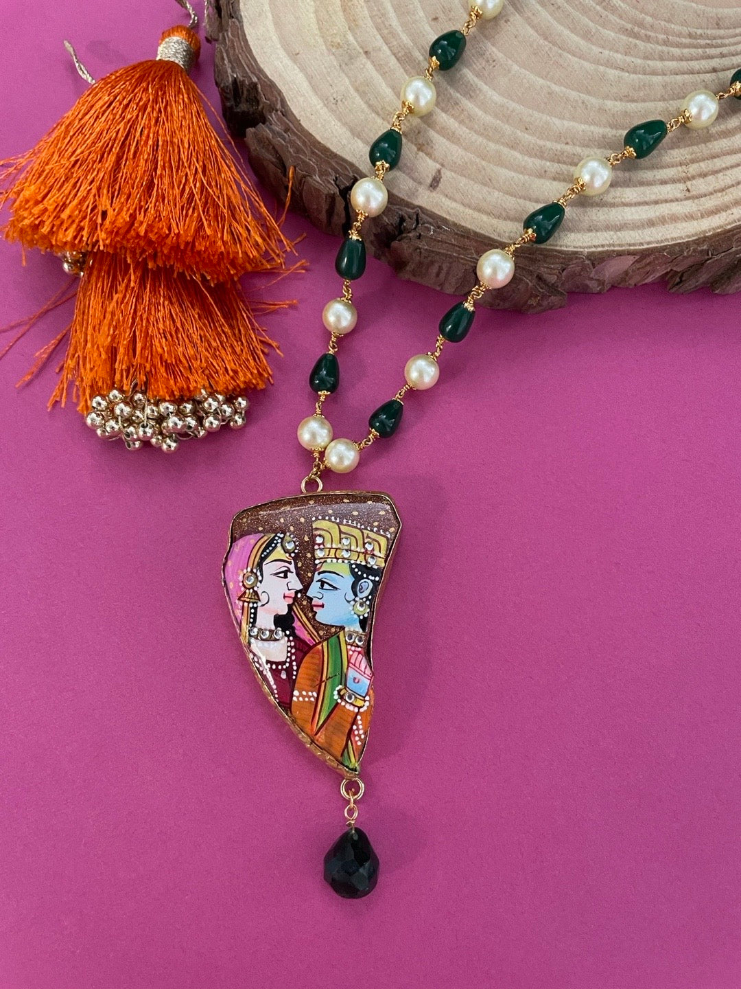 Unique Multi Color Hand-Painted Radha Krishna Pendent Necklace with Green Beads & White Pearls