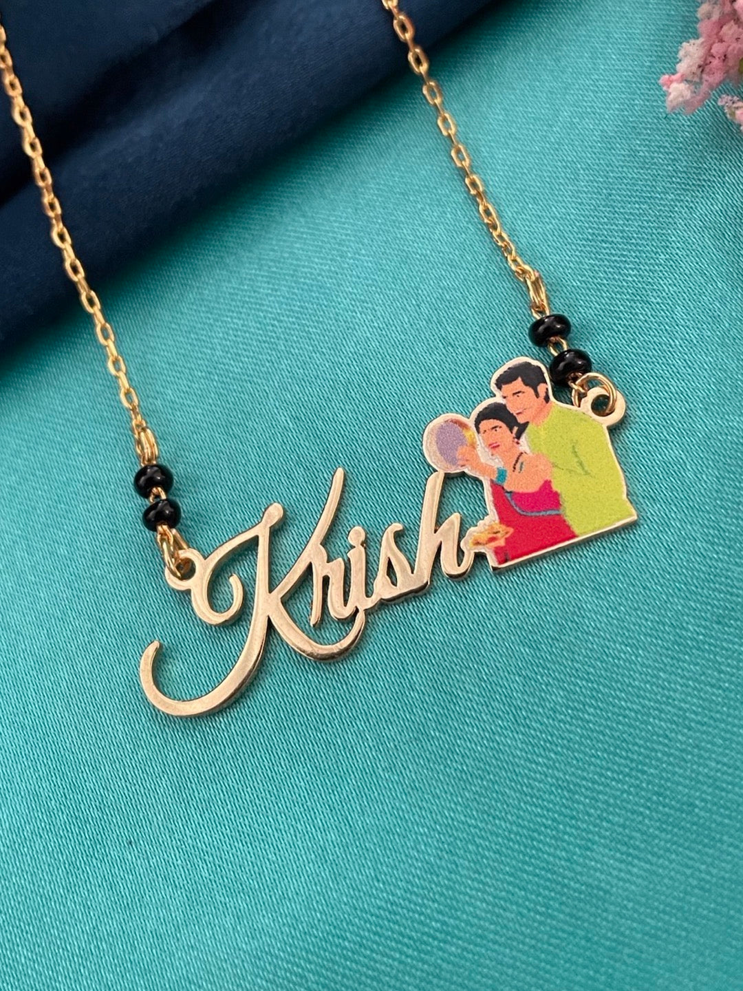 Karwa Chauth Special Name Necklace Design with Husband & Wife Moon Watching Charm