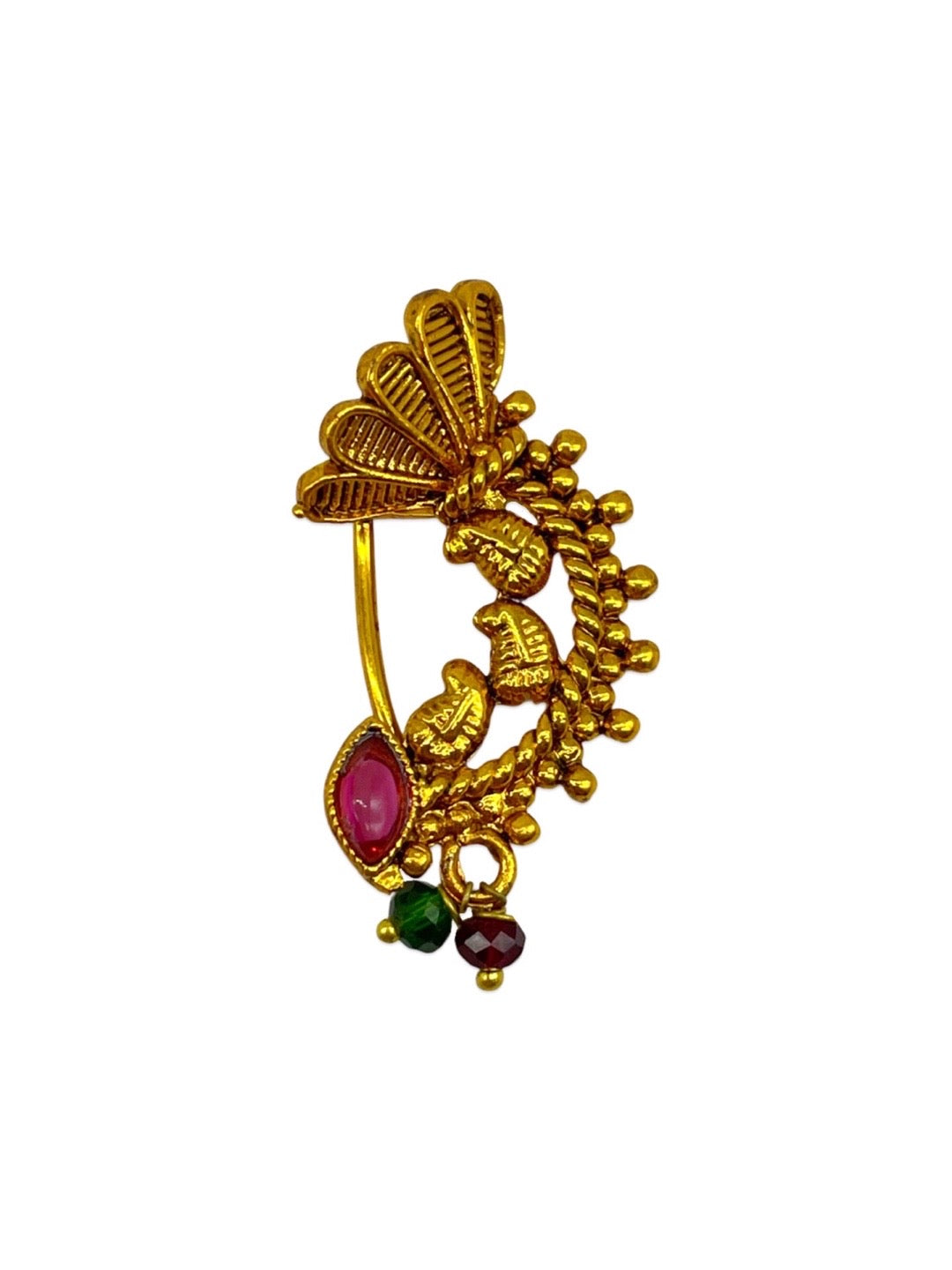Maharashtrian Nath Antique Gold Plated Nose Pin Red & Green Colour
