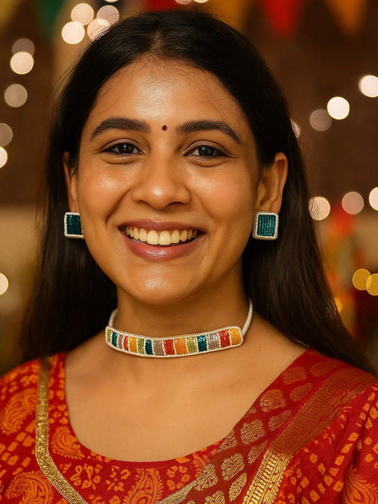 Multi Color Beaded Choker Necklace & Earring Set