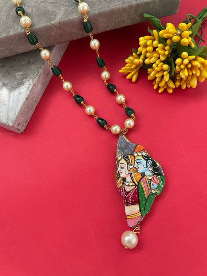 Unique Hand-Painted Radha Krishna Pendant Necklace with Green Beads & White Pearls
