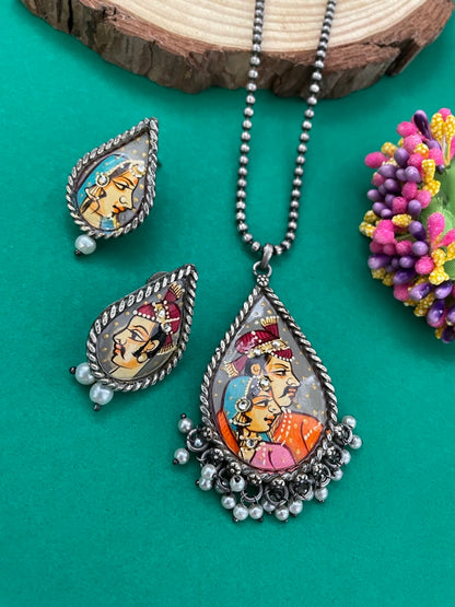 Hand-Painted Silver Plated Radha Krishna Pendent & Earring Necklace Set with Pearls