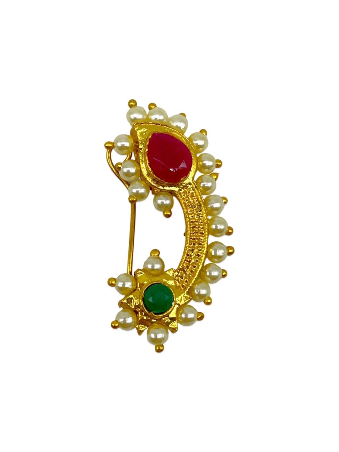 Gold Plated Maharashtrian Nath Nose Pin Red & Green Colour with Pearls