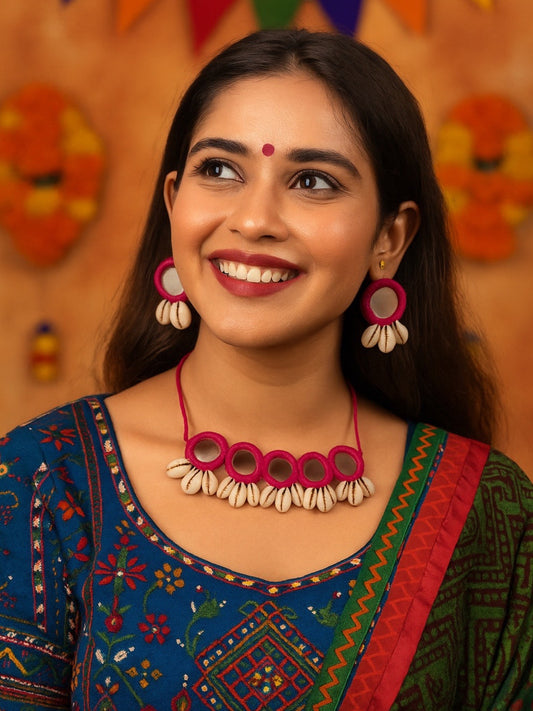 Majenta Embroidery Mirror Work Banjara Choker Necklace & Earring Set With Sea Shells